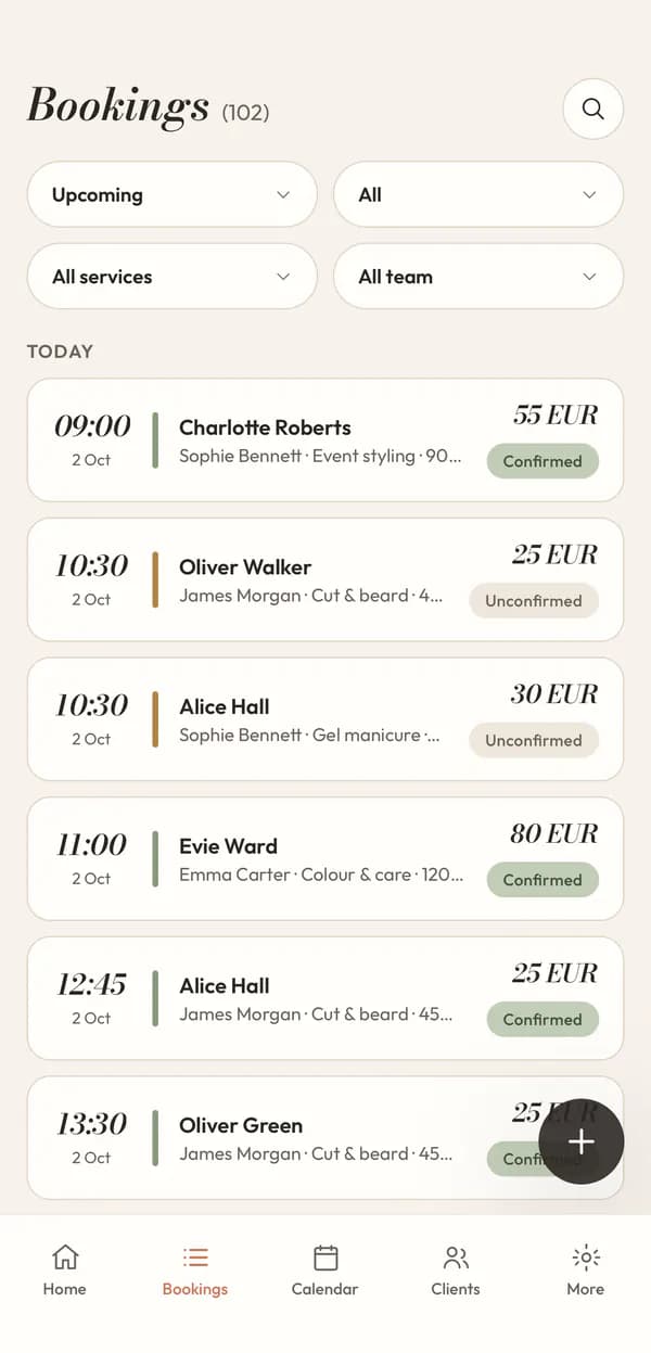 Bookings list in the Abeautella mobile app
