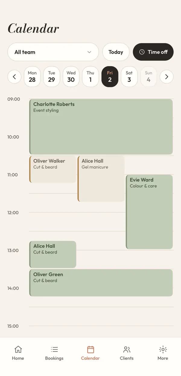 Abeautella app calendar with the day's appointments