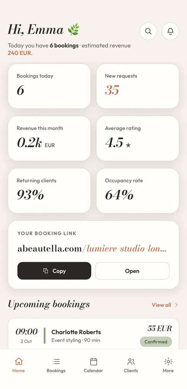 Abeautella app home screen: today's bookings, revenue and your booking link