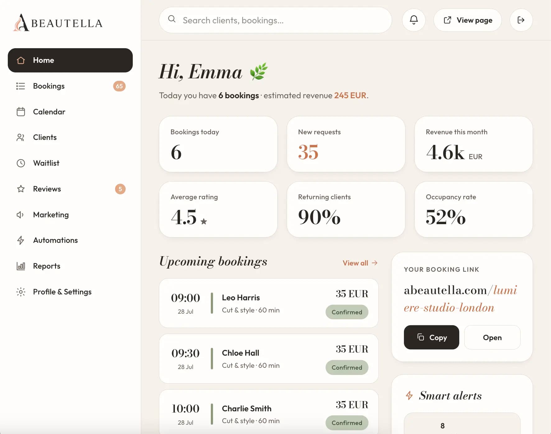 Abeautella web dashboard: today's bookings, revenue and upcoming appointments